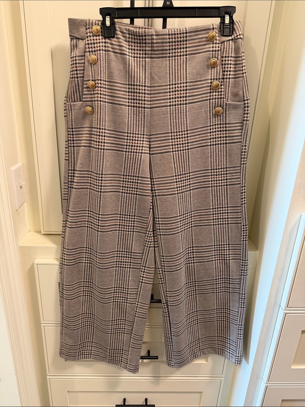 Jules & Leopold Plaid Wide-Leg Sailor Pants with Gold Buttons